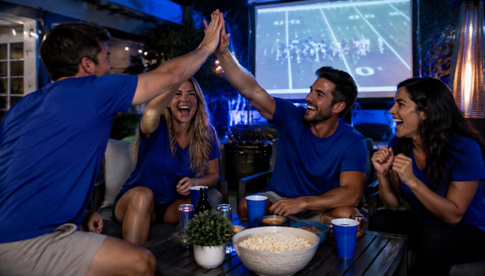 Friends in blue high-fiving at a watch party in front of a big screen