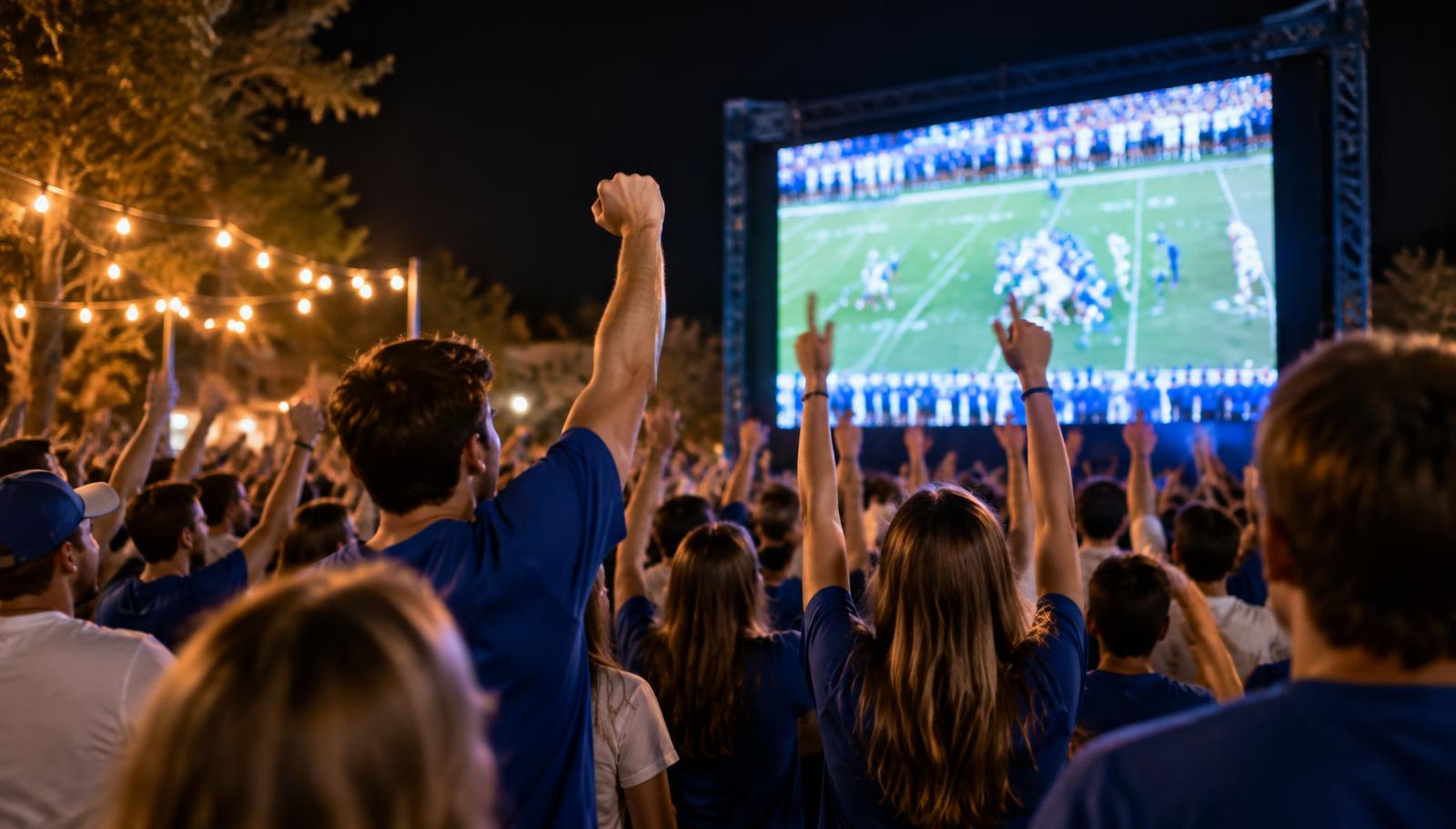 BYU fans cheering in front of a giant screen at a watch party